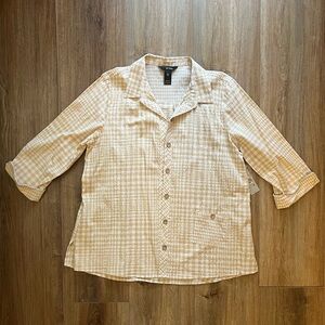 NWT Tan/ White Plaid Ali Miles Button-Down Shirt, Three-Quarter Sleeves